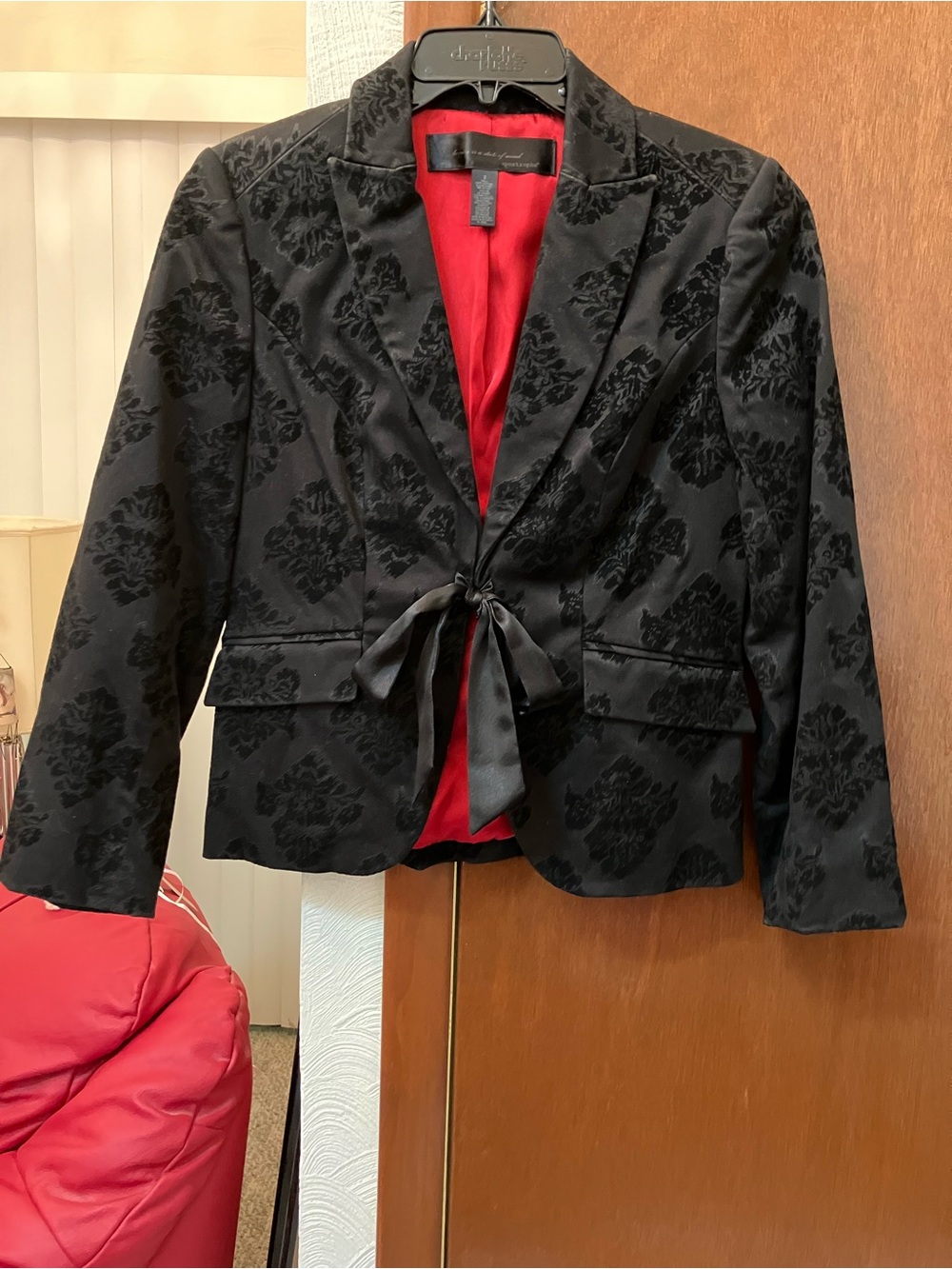 Apostrophe Black Floral Burnout Velvet Blazer with Red Lining